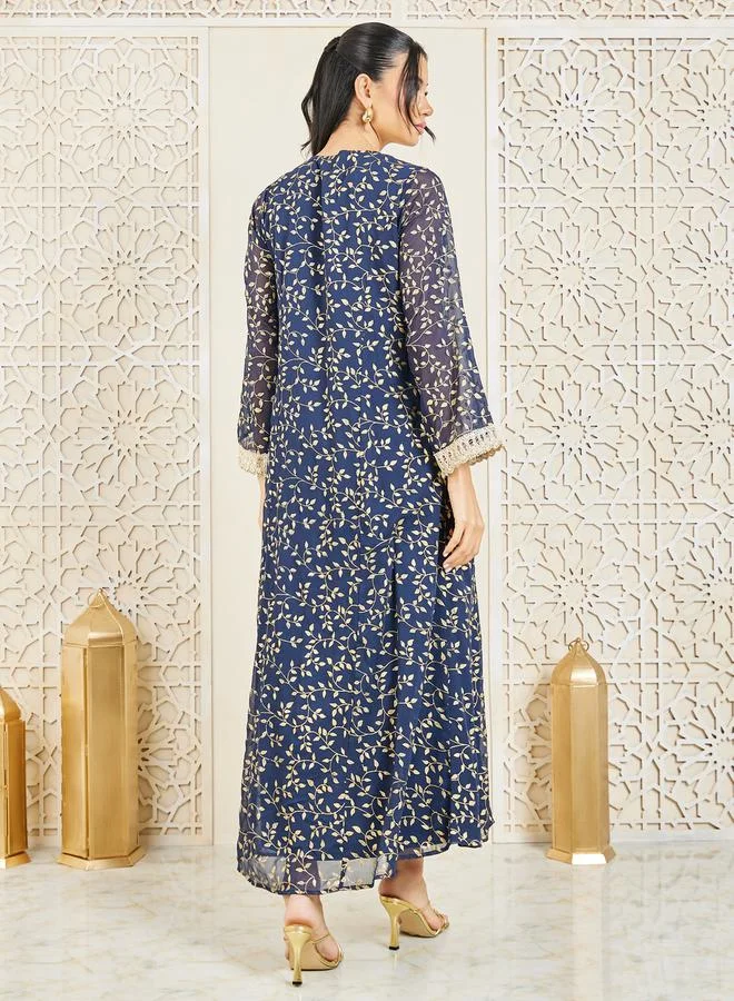 ستايلي Embroidered Lace Trim Leaf AOP Jalabiya