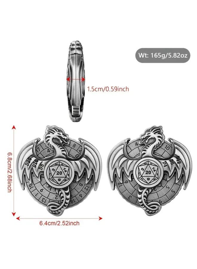 عجلة دوارة مظلمة من المعدن الفضي على شكل تنين تحمل نرد D20 متعدد السطوح سبعة في واحد - Image 3