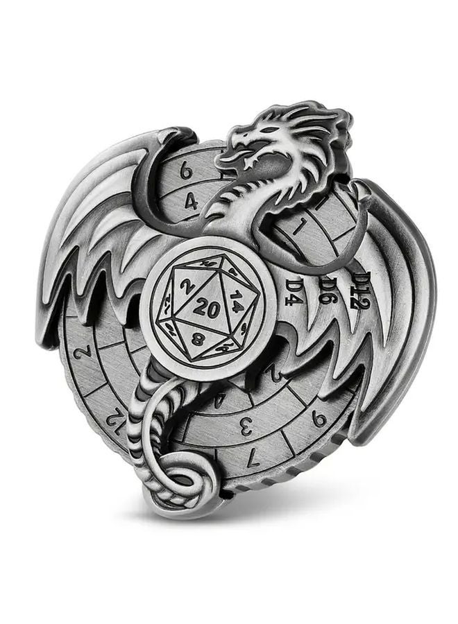 عجلة دوارة مظلمة من المعدن الفضي على شكل تنين تحمل نرد D20 متعدد السطوح سبعة في واحد - Image 1