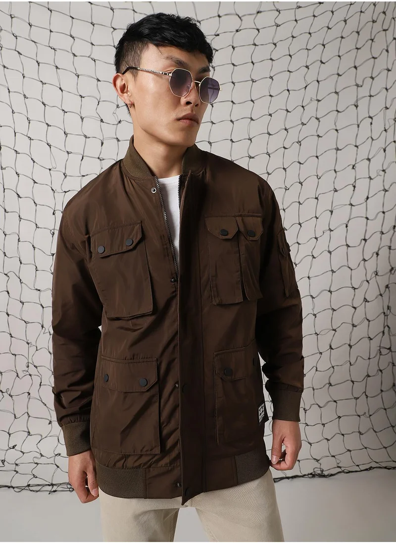 Hubberholme Men's Brown 100% Polyester Solid Oversized Jacket