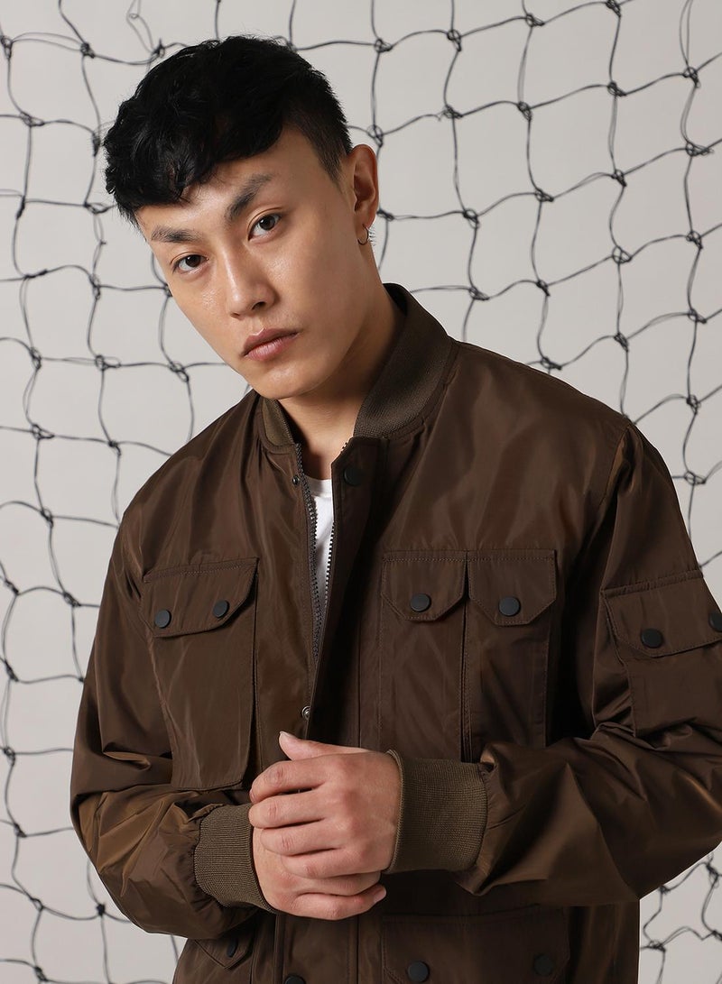 Hubberholme Men's Brown 100% Polyester Solid Oversized Jacket  - Image 5