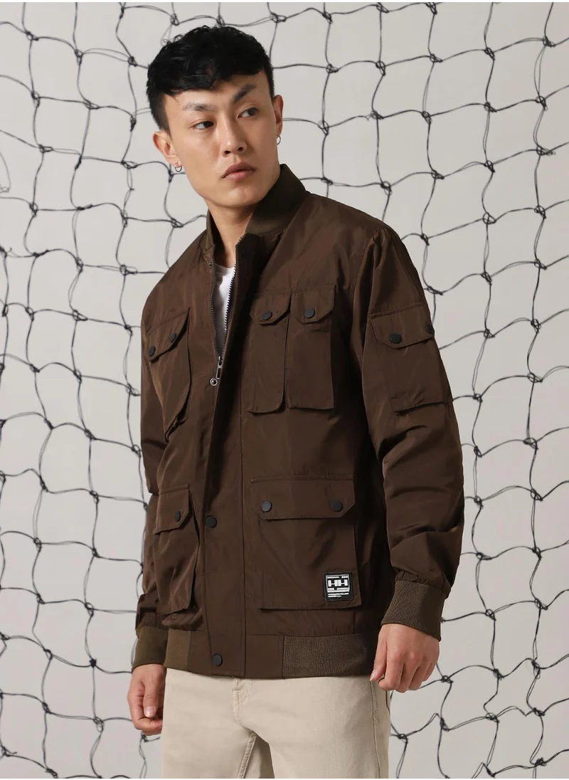 Hubberholme Men's Brown 100% Polyester Solid Oversized Jacket
