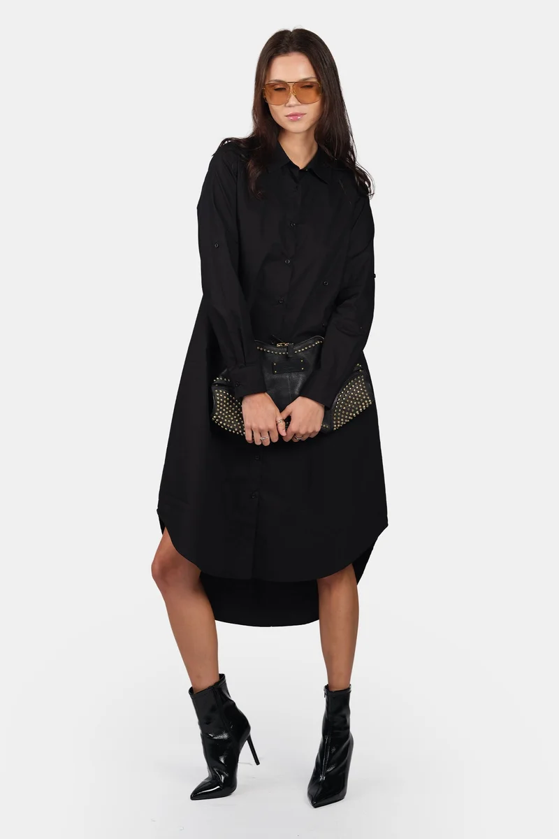 Virgio Solid Cotton Asymmetric Midi Shirt Dress for Women