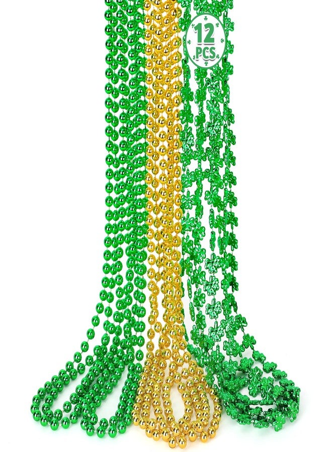 Huskein 12 PCS St Patricks Day Necklace, Gold Green Beads Shamrocks Necklace, Plastic Shamrocks Bead Necklace Set, Irish Decorations Supplies for St.Patricks Day Accessories Decorations Favors - Image 1