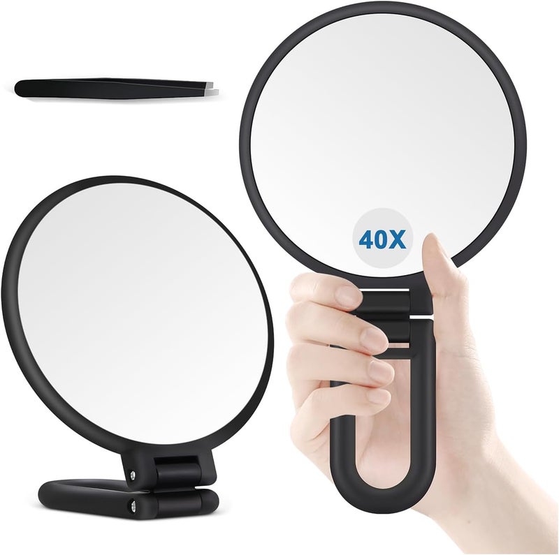 Darvana 40X Magnifying Hand Mirror for Makeup,Double Sided 1X/40X Portable Folding Travel Mirror with 360 Degree Rotation for Desktop and Bathroom Use,Frosted Black,5.5-Inch - Image 1