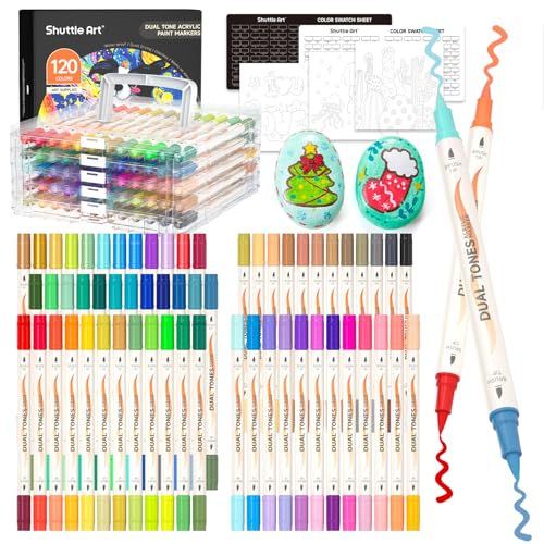 Shuttle Art 120 Colors Dual Tone Acrylic Paint Markers 60 Pack Acrylic Paint Pens Set for Rock Painting Ceramic Wood Canvas Glass Stone Fabric Card Making DIY Football Crafts - Image 1