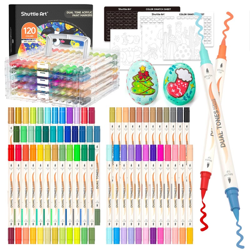Shuttle Art 120 Colors Dual Tone Acrylic Paint Markers 60 Pack Acrylic Paint Pens Set for Rock Painting Ceramic Wood Canvas Glass Stone Fabric Card Making DIY Football Crafts - Image 2