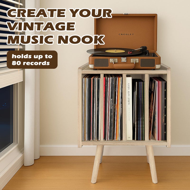 montex Record Player Stand, Vinyl Record Storage Table with 4 Cabinet, Mid Century Modern Turntable Stand, Organizer Vinyl Table for Bedroom Living Room, White Oak - Image 2