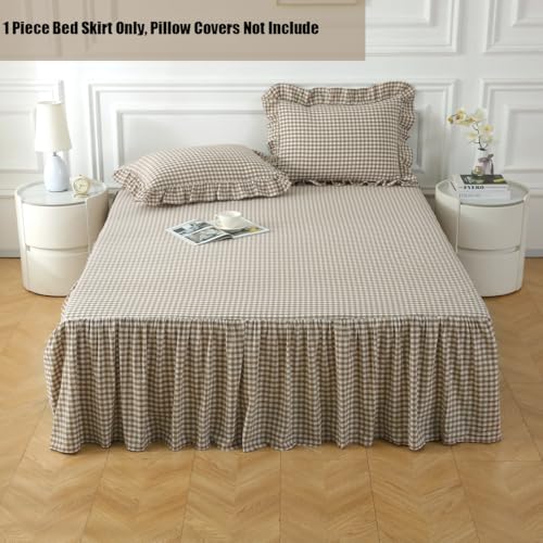 Silnuo Taupe/White Plaid Bed Skirt Washed Cotton Vintage Gingham Checkered Dust Ruffle Queen Size 18" Bedding (1 Bed Skirt Only) - Image 2