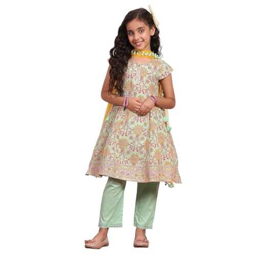 Biba Girl's Green Cotton Flared Printed Suit Set - Image 1