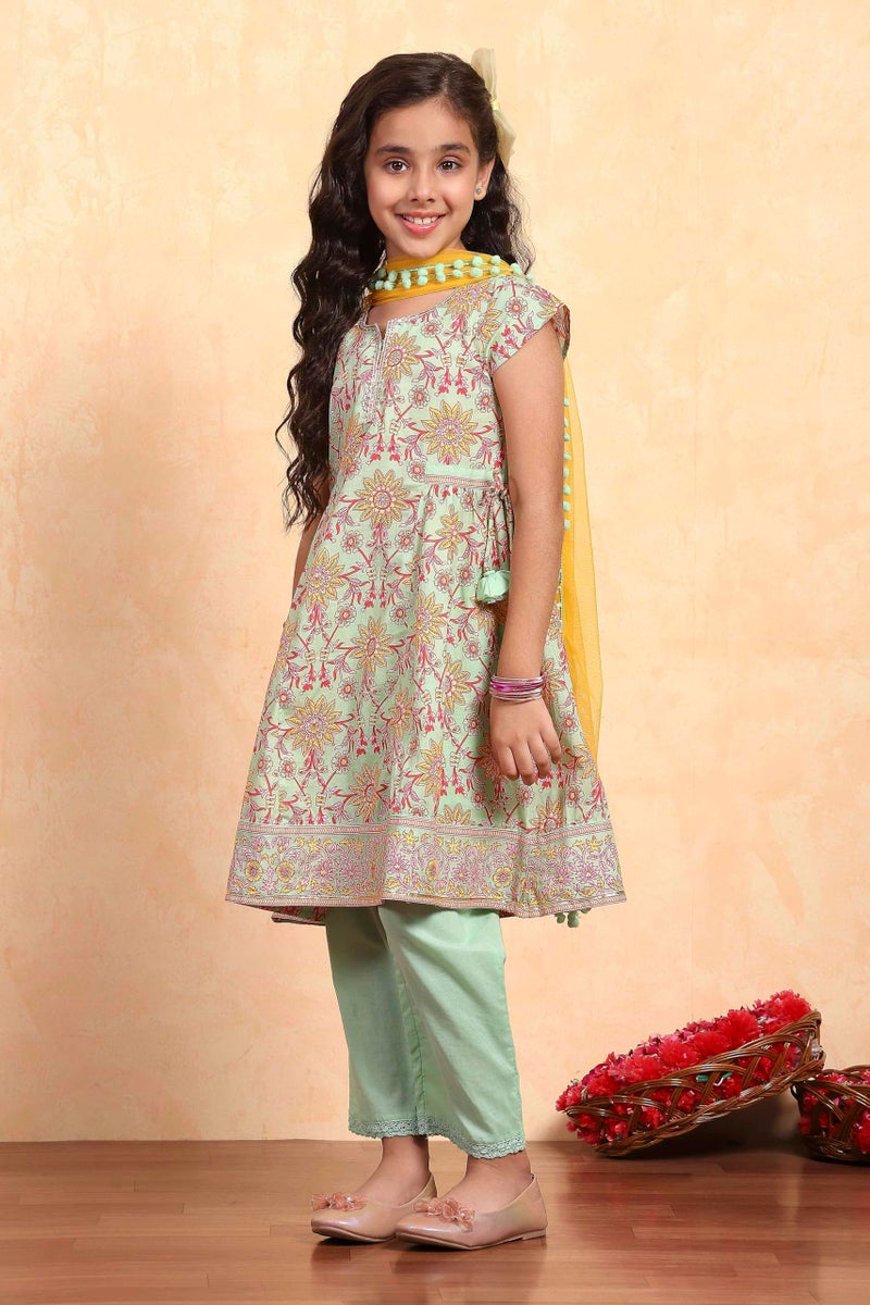 Biba Girl's Green Cotton Flared Printed Suit Set - Image 3