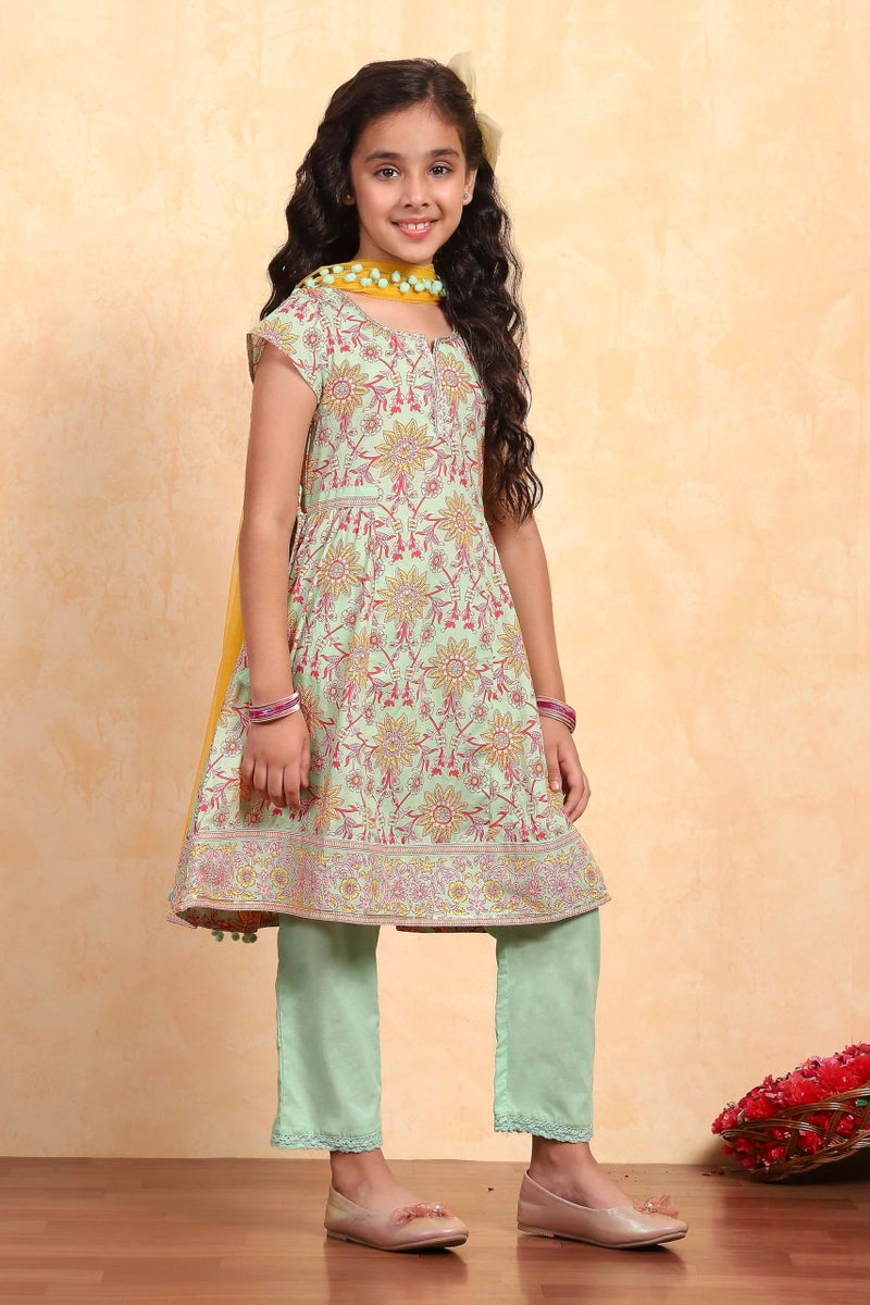 Biba Girl's Green Cotton Flared Printed Suit Set - Image 4