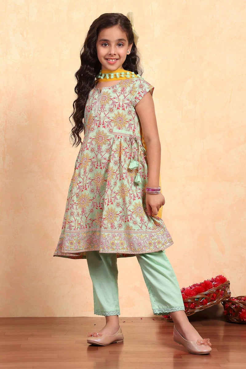 Biba Girl's Green Cotton Flared Printed Suit Set - Image 5