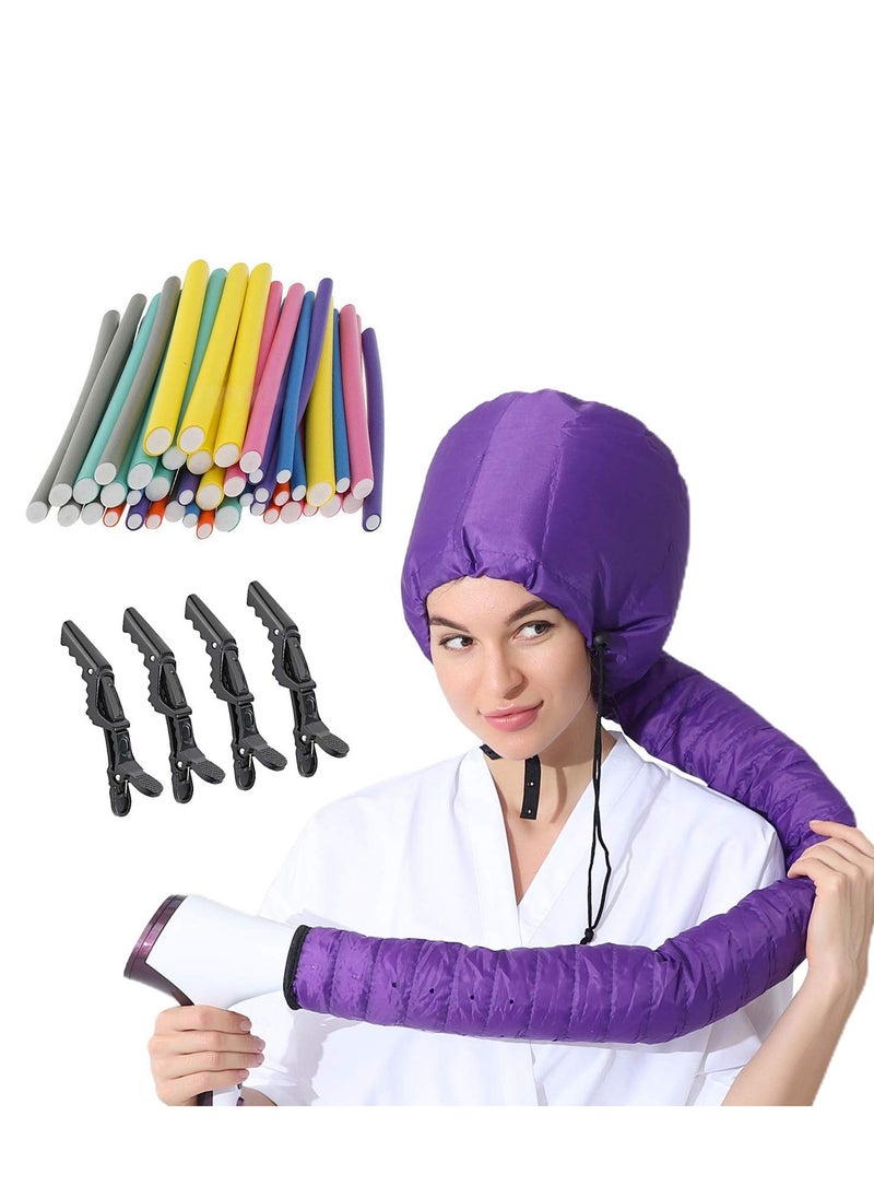 Fiewmay (3 in 1) Pack 24 pcs Flexi Soft Hair Curler Rollers Curling Rods with Hair Dryer Bonnet Attachment and 4 Hair Styling Clips (Hair Rollers + Purple Drying Hood)  - Image 1