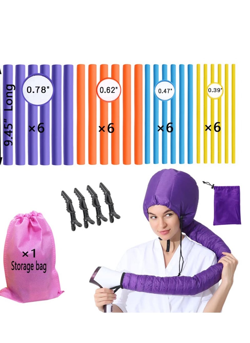 Fiewmay (3 in 1) Pack 24 pcs Flexi Soft Hair Curler Rollers Curling Rods with Hair Dryer Bonnet Attachment and 4 Hair Styling Clips (Hair Rollers + Purple Drying Hood)  - Image 4