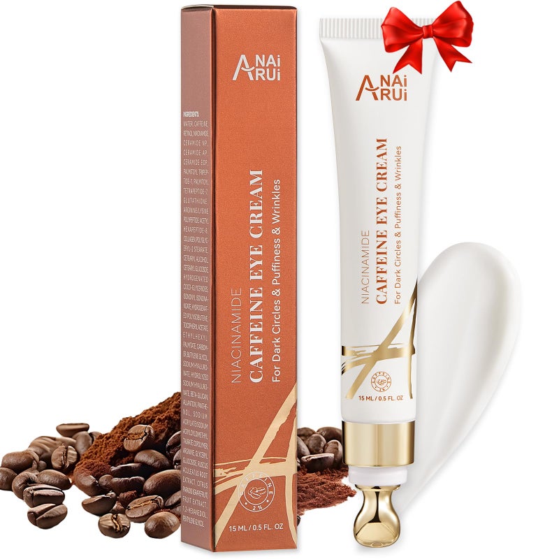 ANAI RUI Caffeine Eye Cream, Niacinamide Eyes Cream for Dark Circles and Puffiness, Anti Aging & Friming Eye Cream with Eye Roller, Caffeine Under Eye Cream for Puffy Eyes, Bag Treatment 0.5 FL.OZ - Image 1