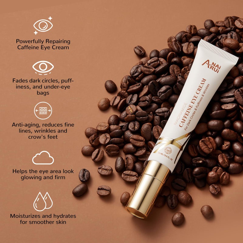 ANAI RUI Caffeine Eye Cream, Niacinamide Eyes Cream for Dark Circles and Puffiness, Anti Aging & Friming Eye Cream with Eye Roller, Caffeine Under Eye Cream for Puffy Eyes, Bag Treatment 0.5 FL.OZ - Image 2