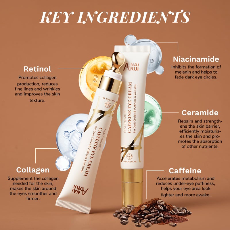 ANAI RUI Caffeine Eye Cream, Niacinamide Eyes Cream for Dark Circles and Puffiness, Anti Aging & Friming Eye Cream with Eye Roller, Caffeine Under Eye Cream for Puffy Eyes, Bag Treatment 0.5 FL.OZ - Image 3