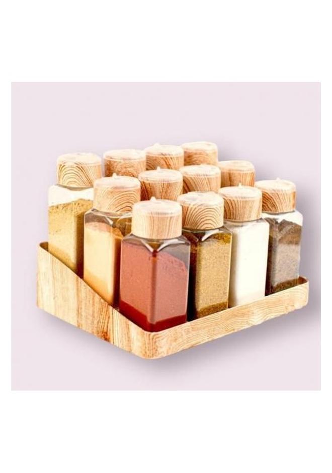 سبيس شوب طقم مرطبانات بلاستيك 12 قطعة تصميم شفاف بالوان خشبية - Image 1