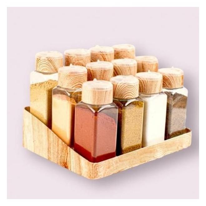 سبيس شوب طقم مرطبانات بلاستيك 12 قطعة تصميم شفاف بالوان خشبية - Image 1