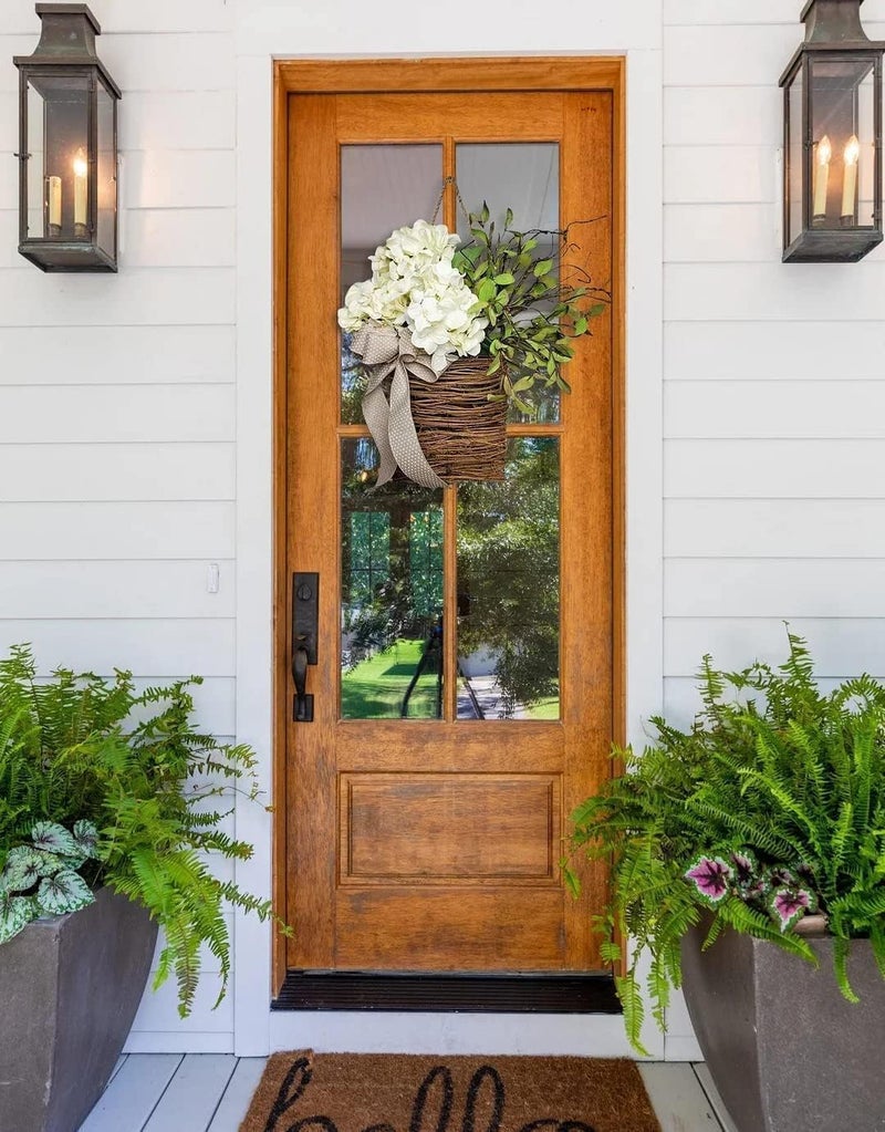 MYELJO Cream Hydrangea Door Hanger Basket Wreath - Farmhouse Spring Wreath with Wildflowers, Mother's Day Decor, Artificial Rattan Hanging Basket for Porch, Wall, Home Decor - Image 3