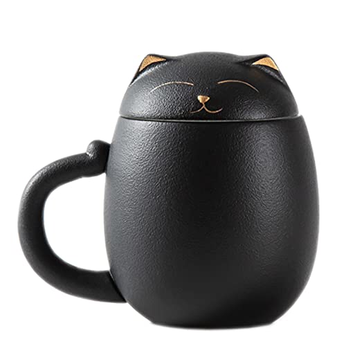 DUANMUL Cat Mug Cute Ceramic Coffee Cup with Infuser and Lid,Filter for Steeping Loose Leaf,kawaii coaster,Novelty Morning Cup Tea Milk Christmas Mug Chinese Handmade Porcelain Teacup(Black) - Image 1