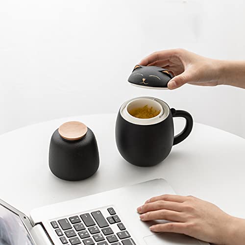 DUANMUL Cat Mug Cute Ceramic Coffee Cup with Infuser and Lid,Filter for Steeping Loose Leaf,kawaii coaster,Novelty Morning Cup Tea Milk Christmas Mug Chinese Handmade Porcelain Teacup(Black) - Image 5