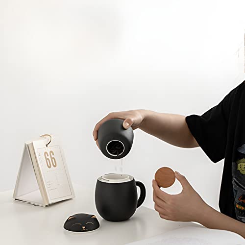 DUANMUL Cat Mug Cute Ceramic Coffee Cup with Infuser and Lid,Filter for Steeping Loose Leaf,kawaii coaster,Novelty Morning Cup Tea Milk Christmas Mug Chinese Handmade Porcelain Teacup(Black) - Image 3
