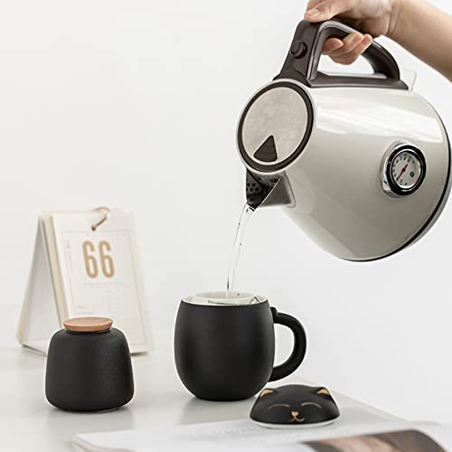DUANMUL Cat Mug Cute Ceramic Coffee Cup with Infuser and Lid,Filter for Steeping Loose Leaf,kawaii coaster,Novelty Morning Cup Tea Milk Christmas Mug Chinese Handmade Porcelain Teacup(Black) - Image 4
