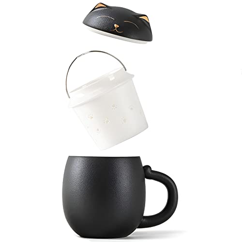 DUANMUL Cat Mug Cute Ceramic Coffee Cup with Infuser and Lid,Filter for Steeping Loose Leaf,kawaii coaster,Novelty Morning Cup Tea Milk Christmas Mug Chinese Handmade Porcelain Teacup(Black) - Image 2