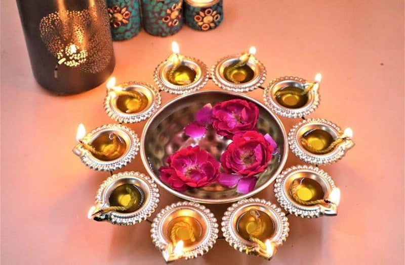 DV Trading Decorative Metal Diya Traditional Lotus Urli Tealight Holder Golden Bowl for Floating Flowers and Tea Light Candles HomeOffice and Table Decor SpecialMulticolor  - Image 1