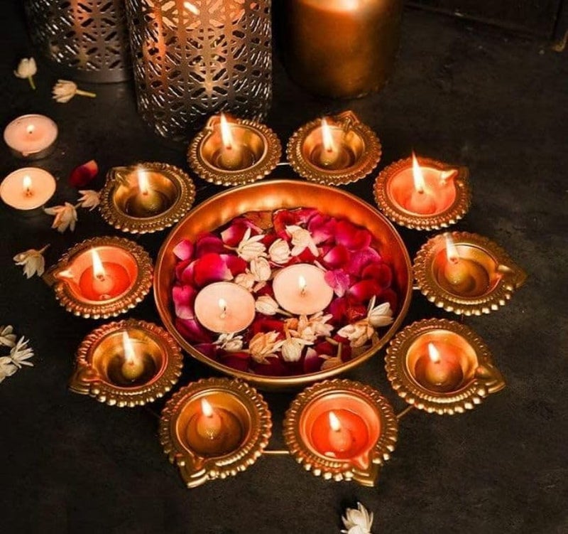 DV Trading Decorative Metal Diya Traditional Lotus Urli Tealight Holder Golden Bowl for Floating Flowers and Tea Light Candles HomeOffice and Table Decor SpecialMulticolor  - Image 2