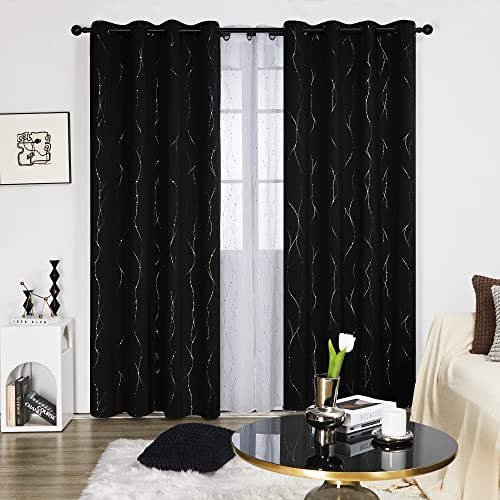 Deconovo Blackout Curtains 84 Inches Long, Black Drapes for Living Room with Wave Dots Silver Print, Soundproof Thermal Insulated Privacy Window Curtain for Bedroom Nursery, Set of 2, Machine Washable - Image 1