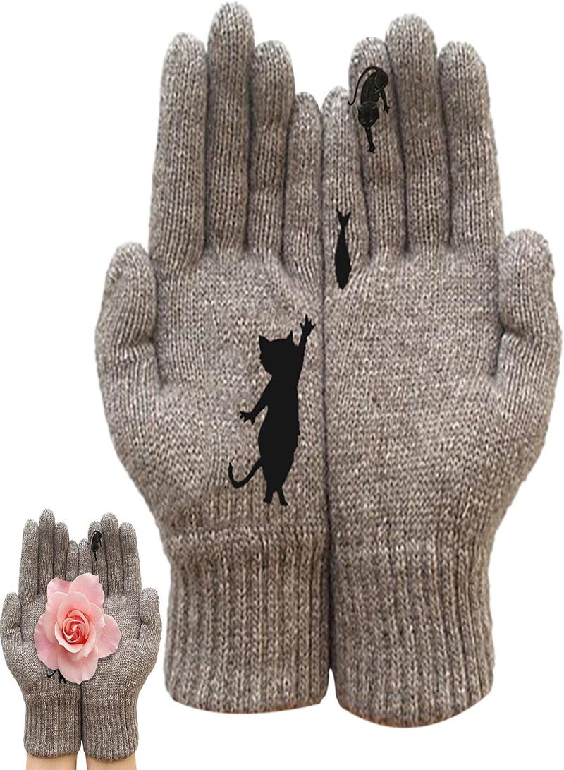 GGOOT Winter Knit Gloves, Warm Knitted Gloves For Women, Fun Cat Want Fish Stitching Print Full Fingers Winter Outdoor Thermal Mitten Glove  - Image 4