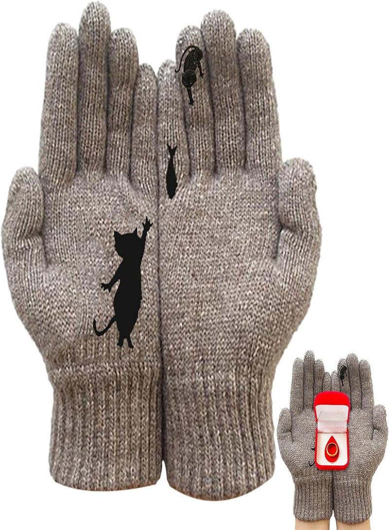 GGOOT Winter Knit Gloves, Warm Knitted Gloves For Women, Fun Cat Want Fish Stitching Print Full Fingers Winter Outdoor Thermal Mitten Glove  - Image 5