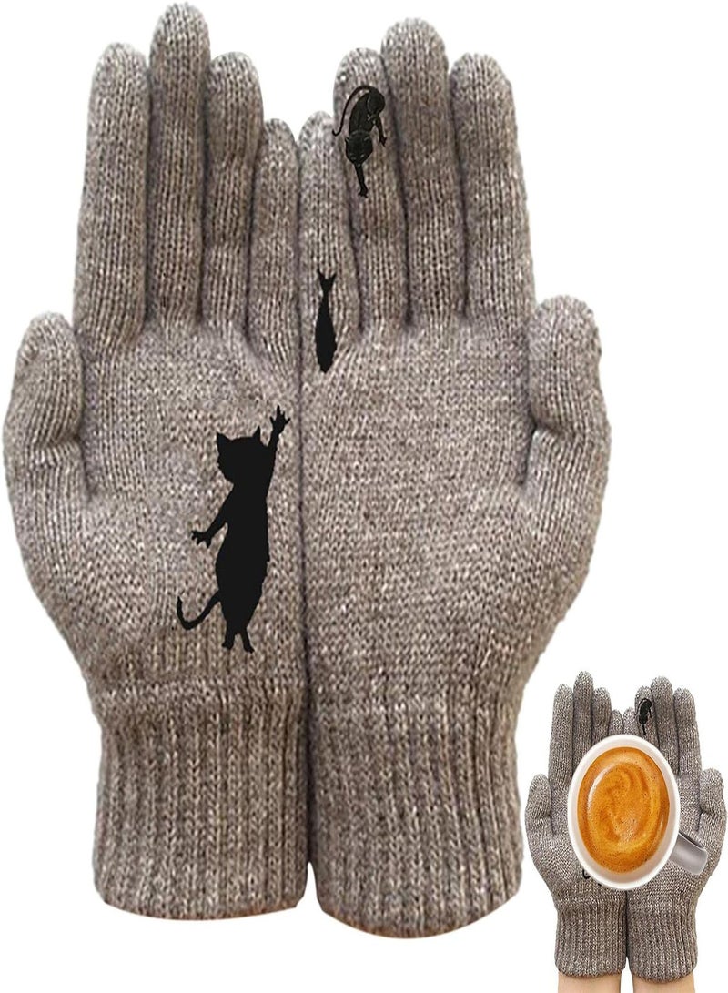 GGOOT Winter Knit Gloves, Warm Knitted Gloves For Women, Fun Cat Want Fish Stitching Print Full Fingers Winter Outdoor Thermal Mitten Glove  - Image 1