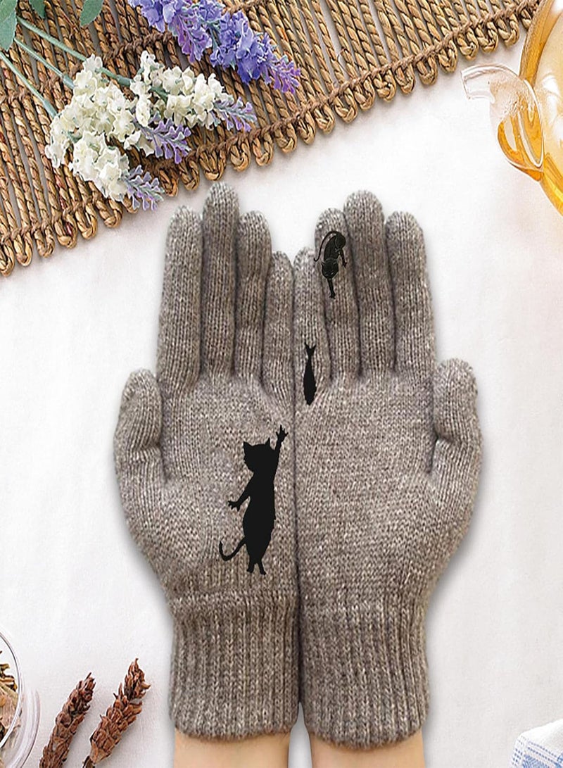 GGOOT Winter Knit Gloves, Warm Knitted Gloves For Women, Fun Cat Want Fish Stitching Print Full Fingers Winter Outdoor Thermal Mitten Glove  - Image 3