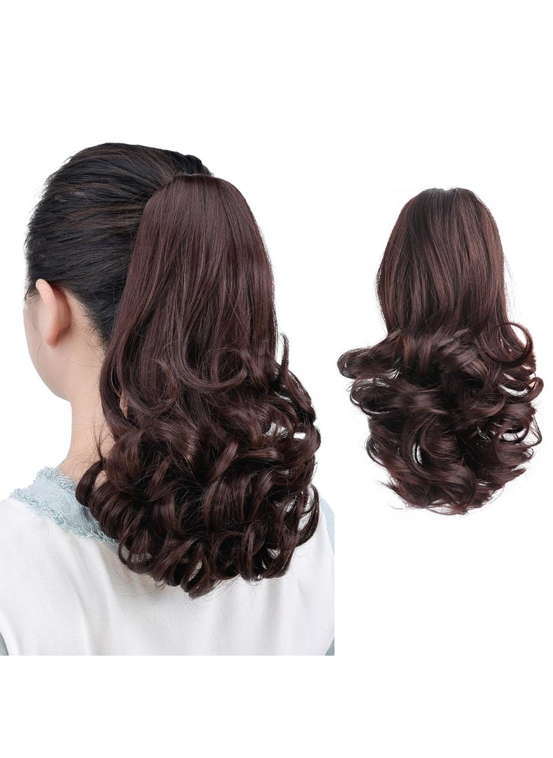 HSPJHTM - HSPJHTM Ponytail Extensions,Chestnut brown Ponytails Extension Claw Clip Pony Tail for Women Curly 12" Synthetic Hair Clip Wavy Halloween Fluffy Hairpiece for Daily Use - Image 1