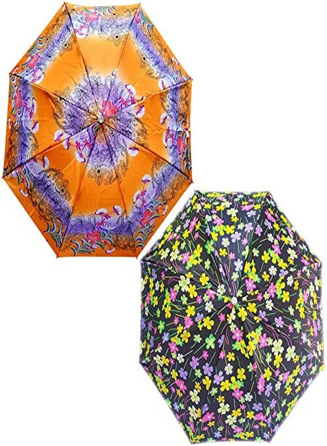 RAINPOPSON 2 Fold Printed Big Size Stylish Umbrella for Women & Men UV Protection Office Umbrella Combo for Girls (Multicolor Printed) - Set of 2 (UM-235) - Image 1