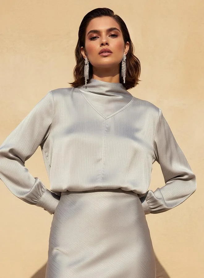 Iconic Iconic Satin Cowl Neck Top with Long Sleeves