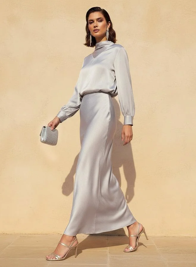 ايكونيك Iconic Satin Cowl Neck Top with Long Sleeves