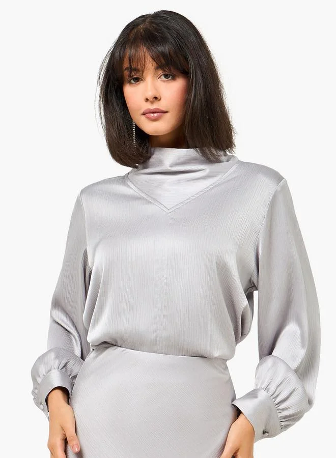 ايكونيك Iconic Satin Cowl Neck Top with Long Sleeves