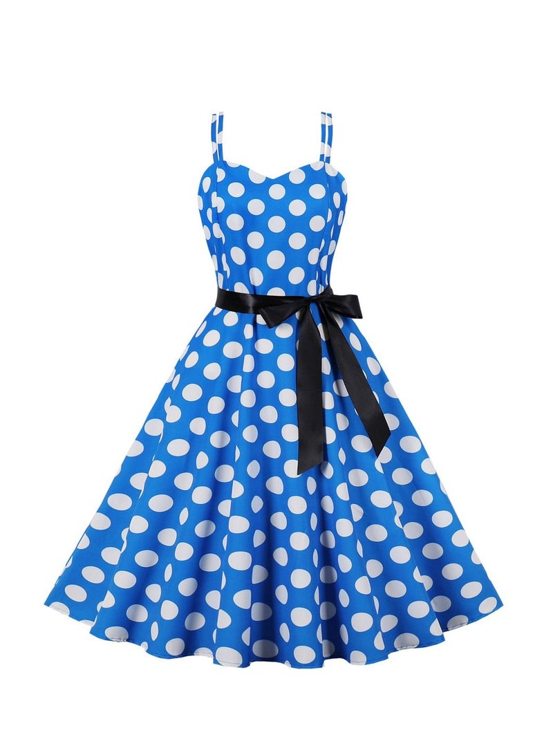 Loquat Vintage Large Hem Lace Up Polka Dot Printed Strap Blue  - Image 1