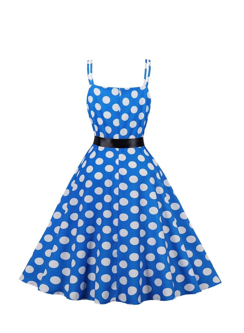 Loquat Vintage Large Hem Lace Up Polka Dot Printed Strap Blue  - Image 2