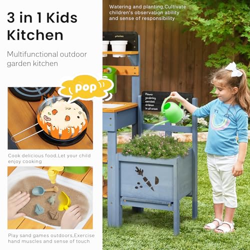 Frogprin Mud Kitchen with Planter Box Outdoor Play Pretend Kitchen with Stoves Removable Sink Faucet Blackboard Cooking Accessories Gardening Tools Set Wooden Kids Kitchen for Boys Girls 38 - Image 5