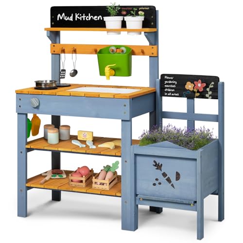 Frogprin Mud Kitchen with Planter Box Outdoor Play Pretend Kitchen with Stoves Removable Sink Faucet Blackboard Cooking Accessories Gardening Tools Set Wooden Kids Kitchen for Boys Girls 38 - Image 1