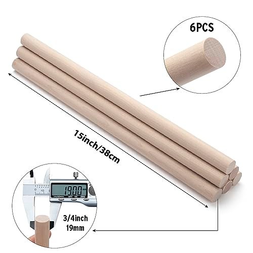 Coowayze Wooden Dowel Rods Wood Dowels for Crafts, 6 PCS 3/4 x 15 Round Macrame Wooden Sticks for Crafting, Unfinished Hardwood Sticks for Arts and DIYers, Tiered Cake Support, Closets, Wedding Ribbon Wands - Image 2