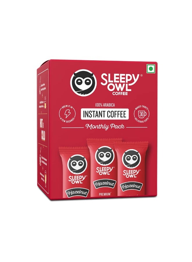Sleepy Owl Hazelnut Flavour 100% Arabica Coffee Sachets | 60g - Pack of 30 x 2g Instant Coffee Powder Sachets | Nutty & Bold | Travel Friendly - Image 1