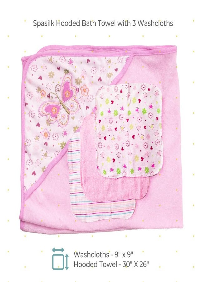Spasilk Hooded Bath Towel and Washcloths Set for Newborns, 1 Soft Terry Baby Towel and 3 Baby Washcloths, Baby Essentials, Ideal, One Size, Pink Butterfly - Image 2