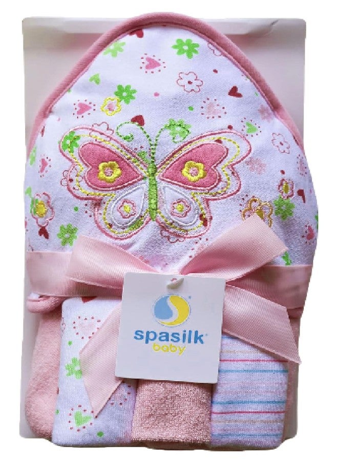 Spasilk Hooded Bath Towel and Washcloths Set for Newborns, 1 Soft Terry Baby Towel and 3 Baby Washcloths, Baby Essentials, Ideal, One Size, Pink Butterfly - Image 1